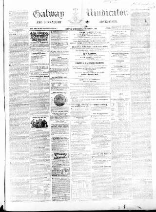 cover page of Galway Vindicator, and Connaught Advertiser published on December 4, 1861