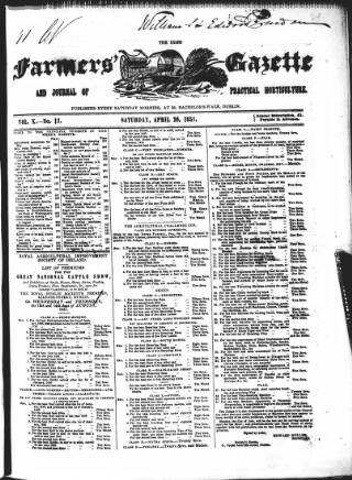 cover page of Farmer's Gazette and Journal of Practical Horticulture published on April 26, 1851