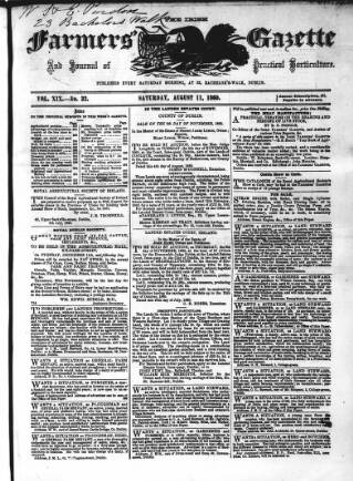 cover page of Farmer's Gazette and Journal of Practical Horticulture published on August 11, 1860