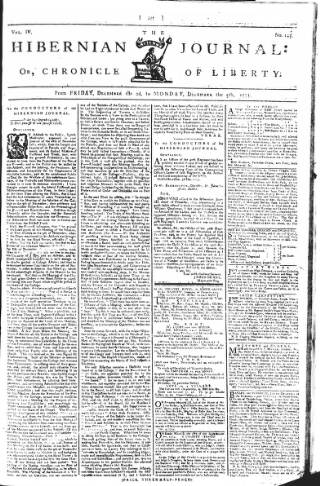 cover page of Hibernian Journal; or, Chronicle of Liberty published on December 5, 1774