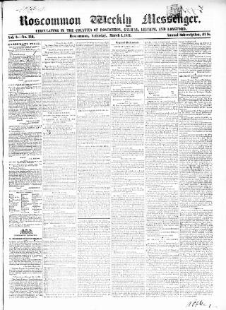 cover page of Roscommon Messenger published on March 1, 1851