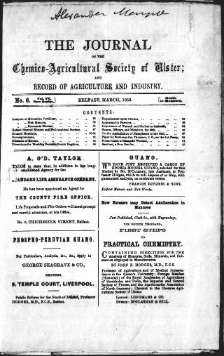 cover page of Journal of the Chemico-Agricultural Society of Ulster published on March 7, 1859