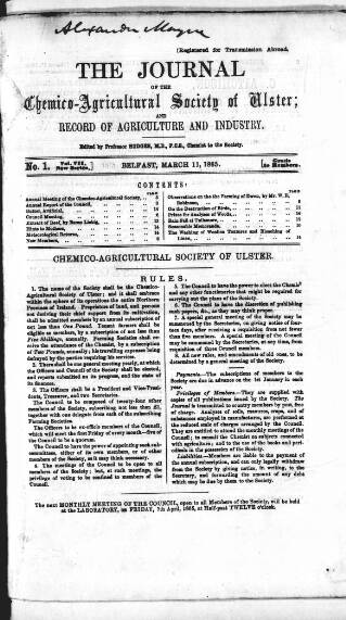 cover page of Journal of the Chemico-Agricultural Society of Ulster published on March 11, 1865