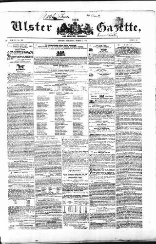 cover page of Ulster Gazette published on March 1, 1851