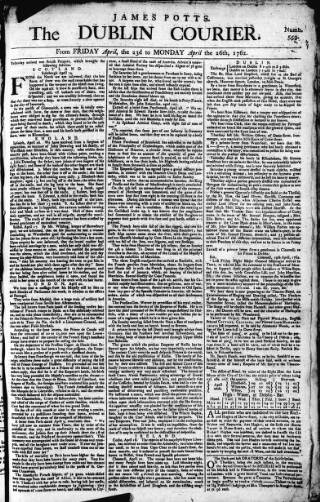 cover page of Dublin Courier published on April 26, 1762