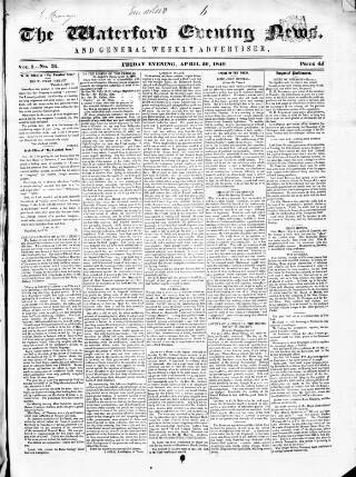 cover page of Waterford News published on April 20, 1849