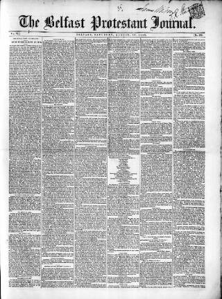 cover page of Belfast Protestant Journal published on August 11, 1849