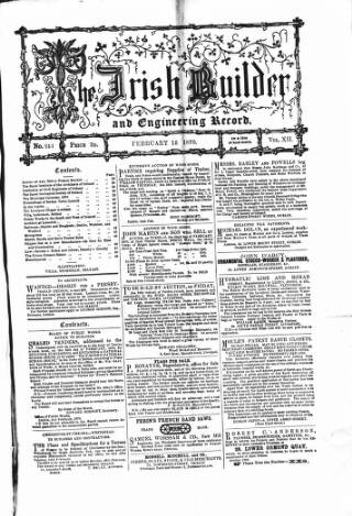 cover page of The Dublin Builder published on February 15, 1870