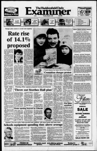 cover page of Huddersfield Daily Examiner published on March 1, 1988