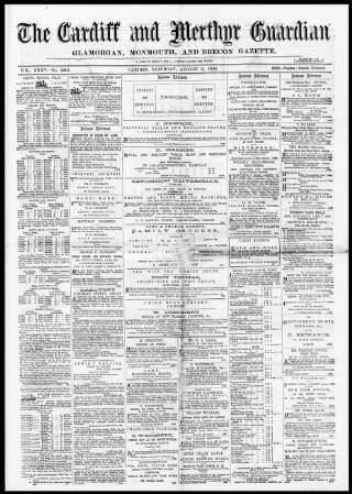 cover page of Cardiff and Merthyr Guardian, Glamorgan, Monmouth, and Brecon Gazette published on August 8, 1868