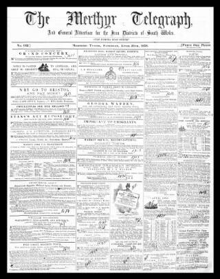 cover page of Merthyr Telegraph, and General Advertiser for the Iron Districts of South Wales published on April 24, 1858