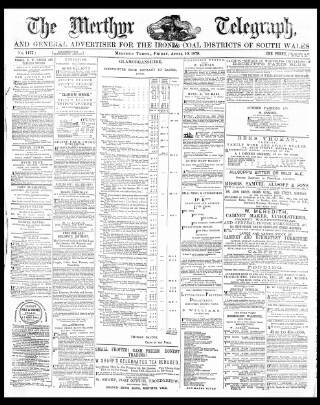 cover page of Merthyr Telegraph, and General Advertiser for the Iron Districts of South Wales published on April 19, 1878