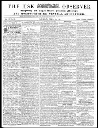 cover page of Usk Observer published on April 25, 1857