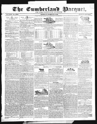 cover page of Cumberland Pacquet, and Ware's Whitehaven Advertiser published on March 28, 1837