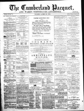cover page of Cumberland Pacquet, and Ware's Whitehaven Advertiser published on April 26, 1870