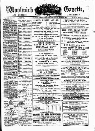 cover page of Woolwich Gazette published on March 28, 1884
