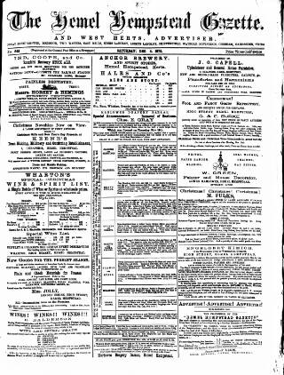 cover page of Hemel Hempstead Gazette and West Herts Advertiser published on December 4, 1875