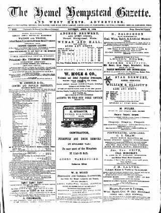 cover page of Hemel Hempstead Gazette and West Herts Advertiser published on April 19, 1879