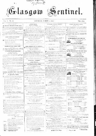 cover page of The Glasgow Sentinel published on March 1, 1851