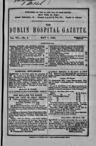 cover page of Dublin Hospital Gazette published on May 1, 1860