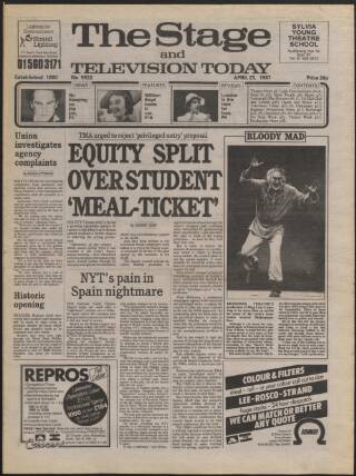 cover page of The Stage published on April 23, 1987