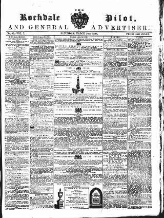 cover page of Rochdale Pilot, and General Advertiser published on March 20, 1858