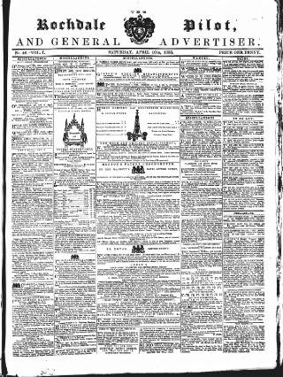cover page of Rochdale Pilot, and General Advertiser published on April 10, 1858