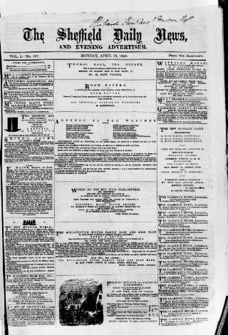 cover page of Sheffield Daily News published on April 19, 1858