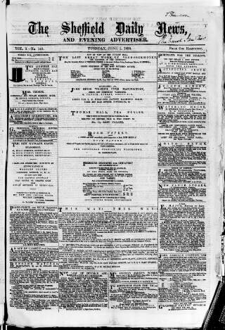 cover page of Sheffield Daily News published on June 1, 1858