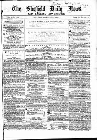cover page of Sheffield Daily News published on February 24, 1859