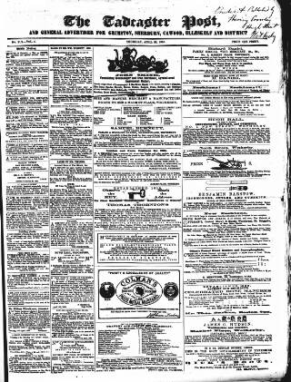 cover page of Tadcaster Post, and General Advertiser for Grimstone published on April 27, 1865