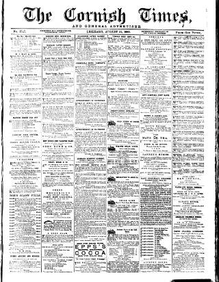 cover page of Cornish Times published on August 31, 1889
