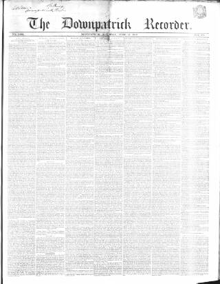 cover page of Downpatrick Recorder published on April 26, 1856