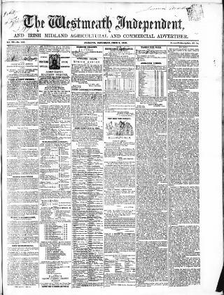 cover page of Westmeath Independent published on June 2, 1849