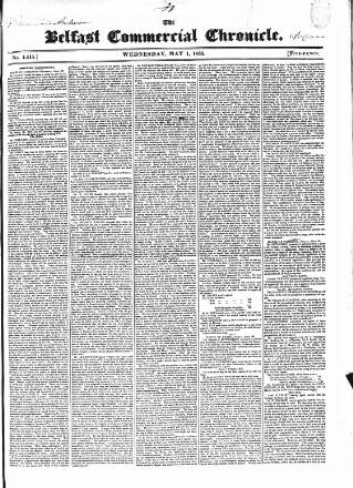 cover page of Belfast Commercial Chronicle published on May 1, 1833
