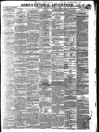 cover page of Gore's Liverpool General Advertiser published on March 1, 1849