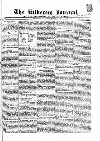 cover page of Kilkenny Journal, and Leinster Commercial and Literary Advertiser published on March 5, 1836