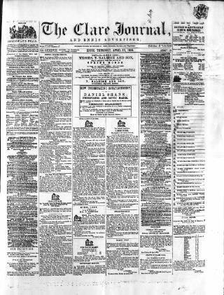 cover page of Clare Journal, and Ennis Advertiser published on April 19, 1866