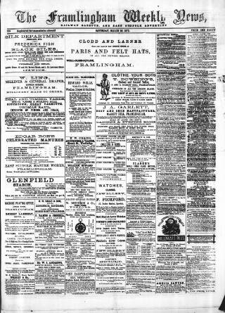 cover page of Framlingham Weekly News published on March 29, 1873