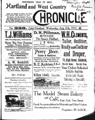 cover page of Hartland and West Country Chronicle published on August 11, 1915
