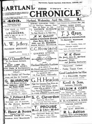 cover page of Hartland and West Country Chronicle published on April 8, 1931