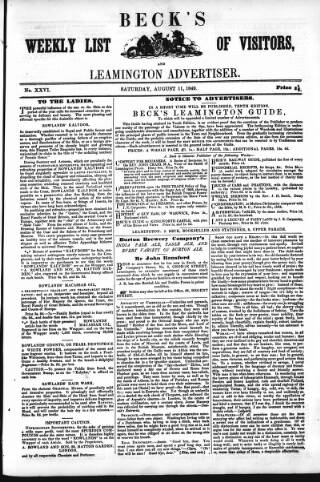 cover page of Leamington Advertiser, and Beck's List of Visitors published on August 11, 1849