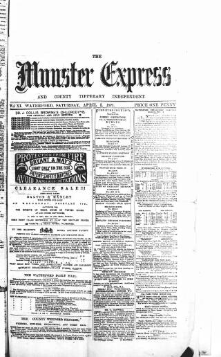 cover page of Munster Express published on April 1, 1871