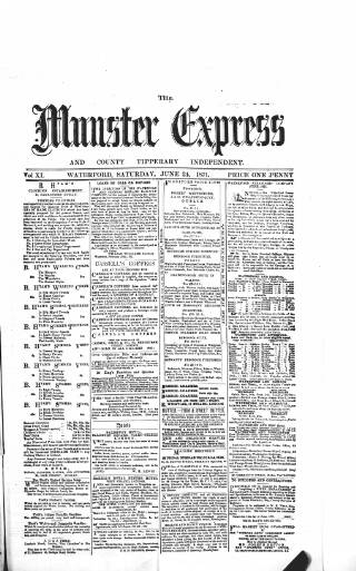 cover page of Munster Express published on June 24, 1871