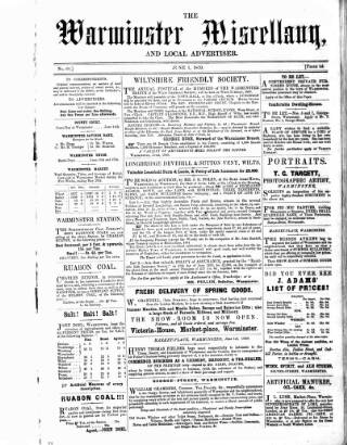 cover page of Warminster Miscellany, and Local Advertiser published on June 1, 1859
