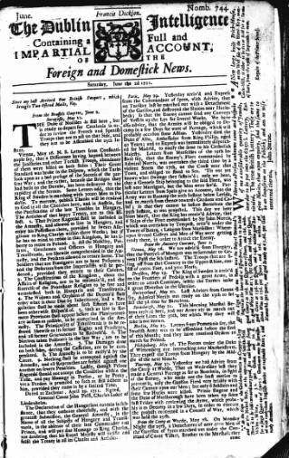 cover page of Dublin Intelligence published on June 2, 1711