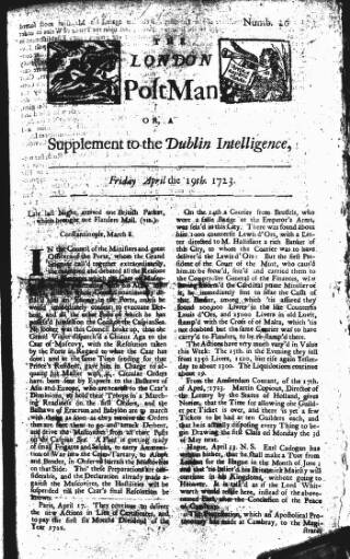 cover page of Dublin Intelligence published on April 19, 1723