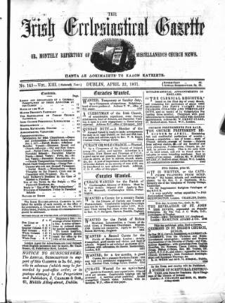 cover page of Irish Ecclesiastical Gazette published on April 22, 1871