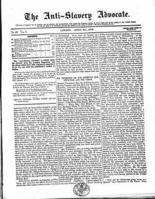cover page of Anti-Slavery Advocate published on April 2, 1860
