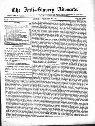 cover page of Anti-Slavery Advocate published on December 1, 1862